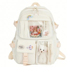 Kawaii Backpack, Clear Pocket Front School Bag, Casual Functional Travel Bookbag